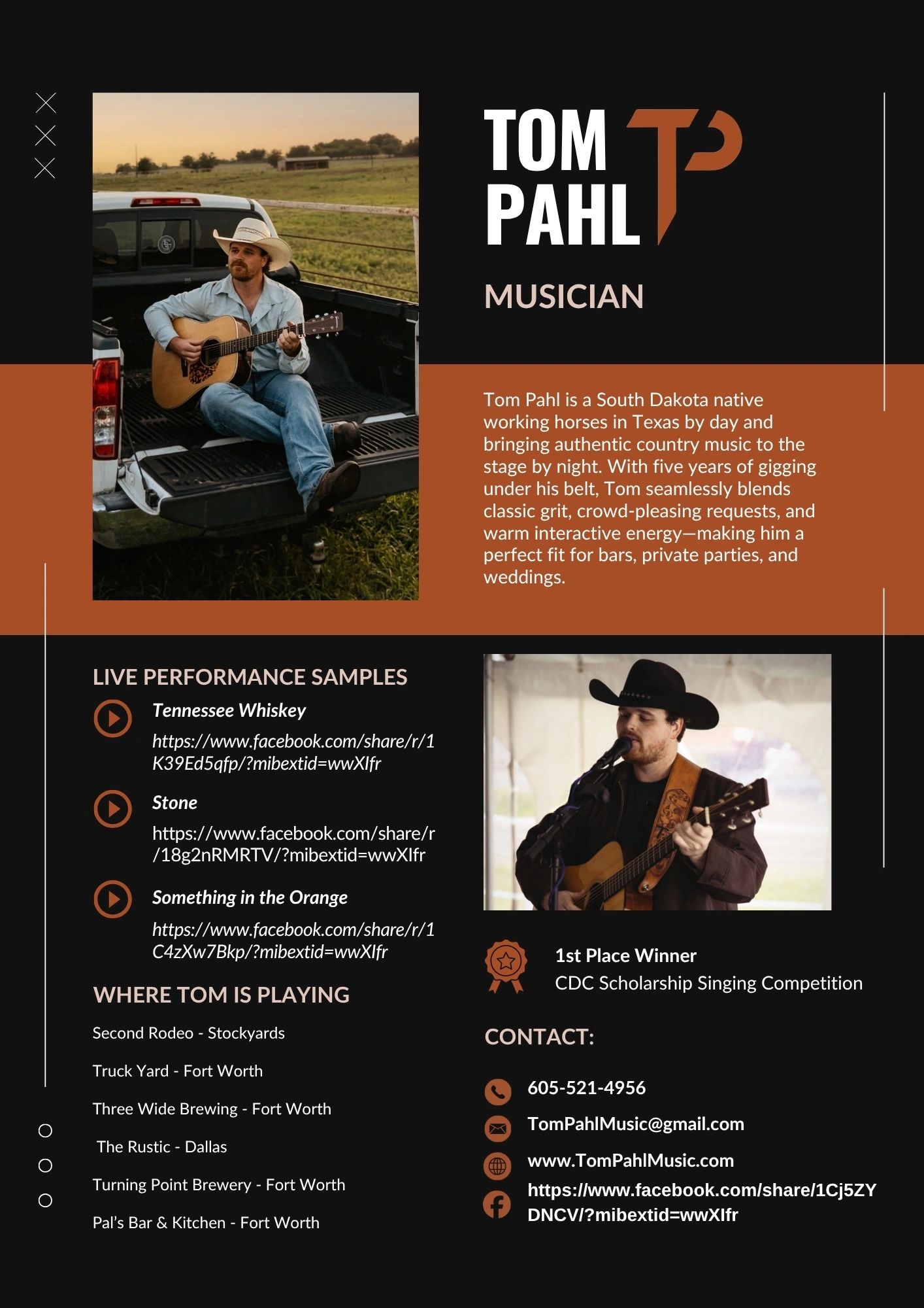 Musician Tom Pahl playing acoustic guitar with performance details and contact info.