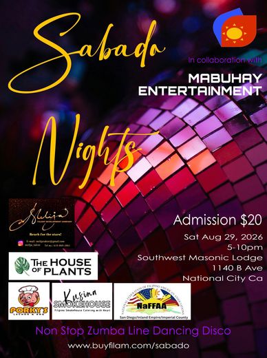Sabado Nights event poster with disco and dance theme.