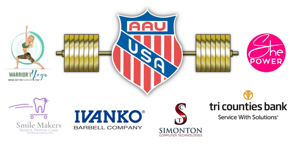 Logos: AAU Strength Sports, Warrior 1 Yoga, Smile Makers, Ivanko, Simonton, Tri Counties, & ShePower