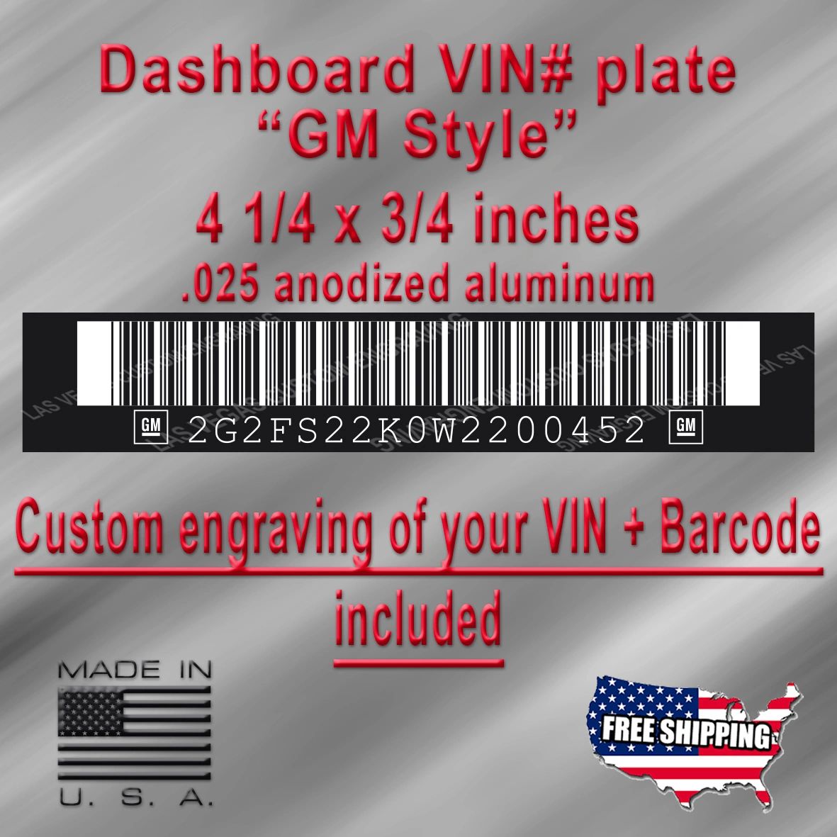 Dashboard / Windshield VIN PLATE With Barcode "GM STYLE" Vehicle  Identification Number Aluminum id Tag with custom