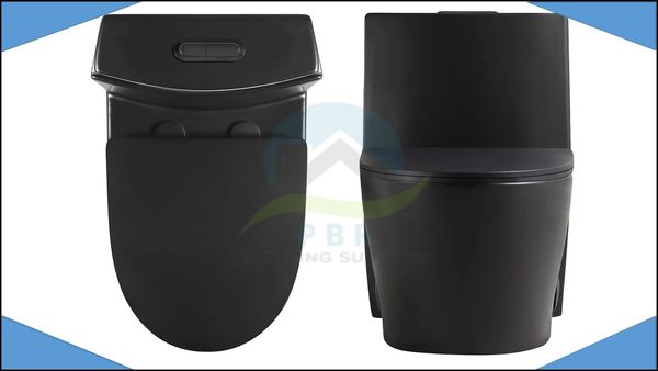 Sleek black modern toilet from top and side views.