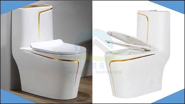 Sleek white toilet with gold trim shown closed and open.
