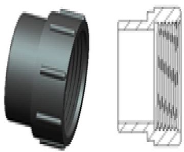 Black threaded cap with ridges and a cross-sectional view.