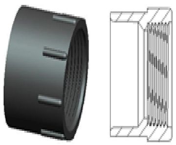 Threaded cylindrical cap with internal grooves.
