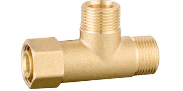 Brass pipe fitting with three threaded connectors.