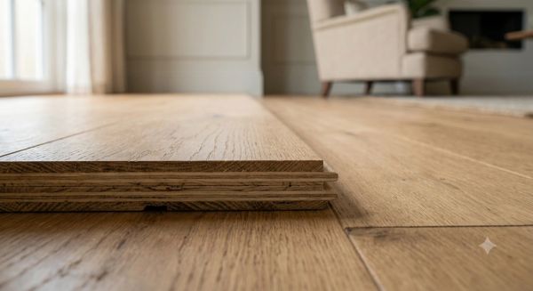 Close-up of layered wooden floor panels.