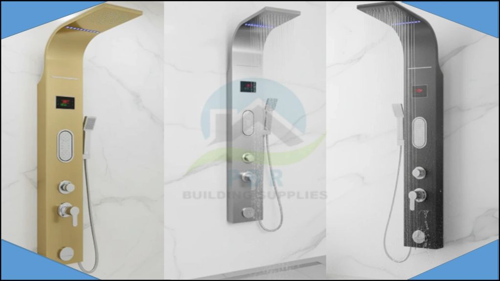 Three modern shower panels in gold, silver, and black.
