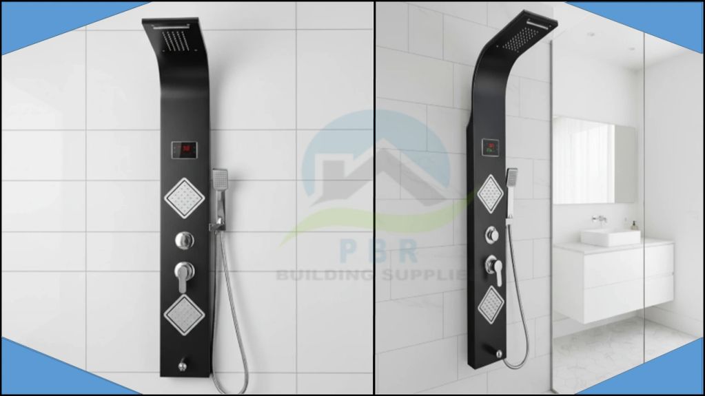 Black modern shower panel with controls and handheld shower in a white tiled bathroom.