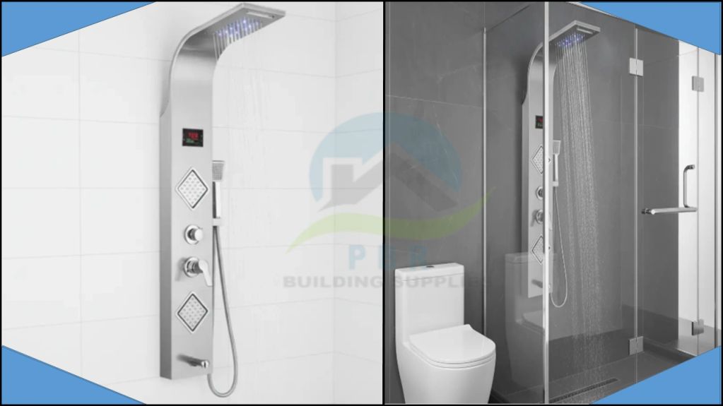 Modern shower panels in two bathroom setups.