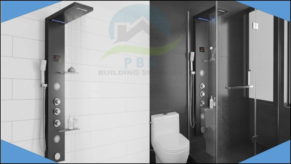 Modern shower panels in white and black bathroom settings.