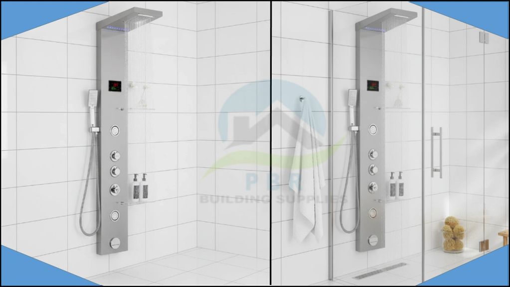 Modern shower panels in a tiled bathroom corner.