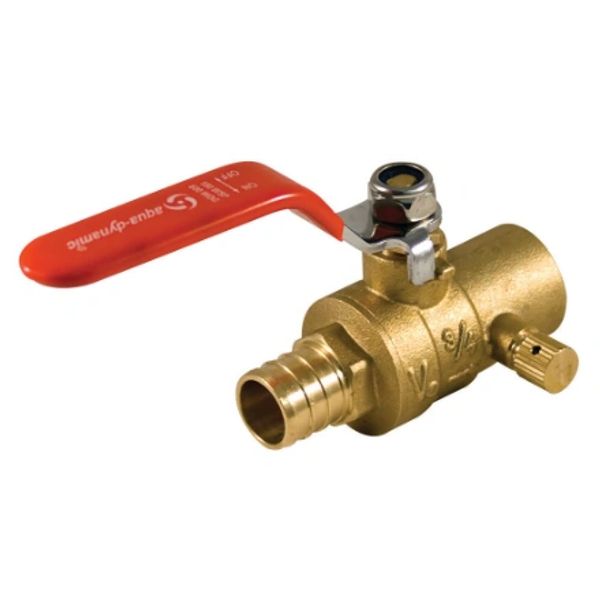 Brass ball valve with red handle.