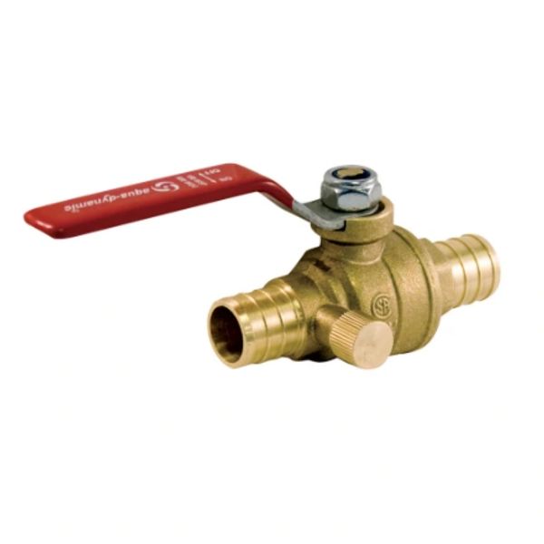 Brass ball valve with red lever handle.