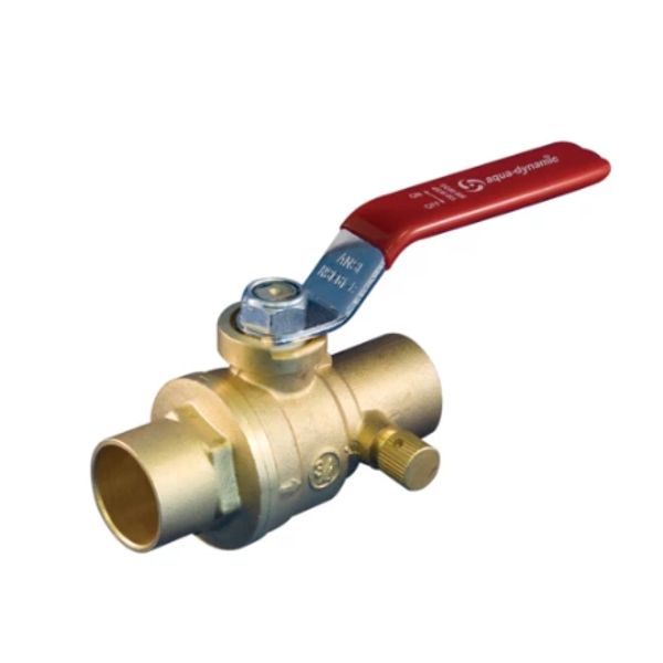 Brass ball valve with a red handle.