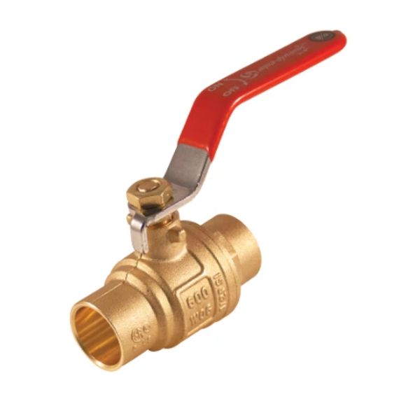 Brass ball valve with red handle for plumbing control.