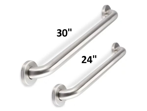 Two stainless steel grab bars labeled 30" and 24".