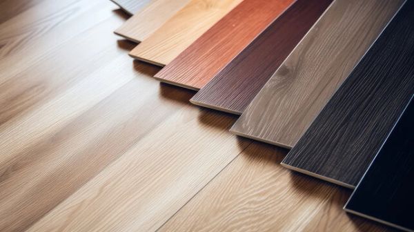 Various wood laminate flooring samples arranged in a row.