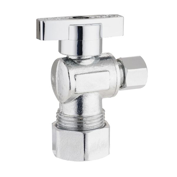 Chrome water valve with a T-shaped handle.
