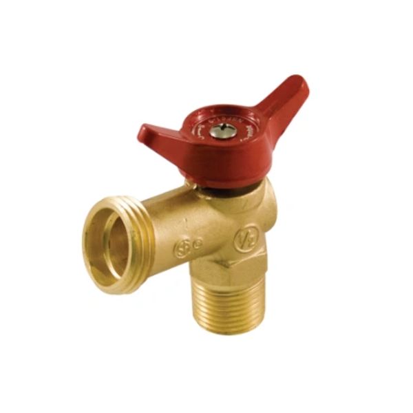 Brass valve with red handle for fluid control.
