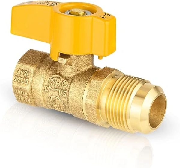 Brass ball valve with yellow handle.