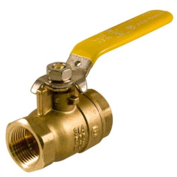 Brass ball valve with yellow handle.