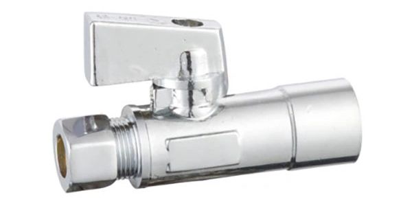 A shiny metal ball valve with a lever handle.