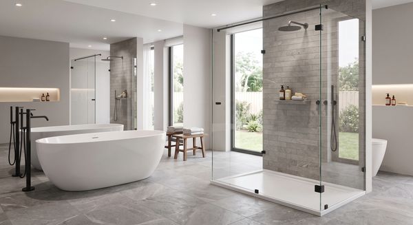 Modern bathroom with glass shower and freestanding tub.