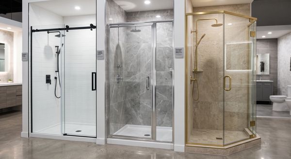 Three modern shower enclosures with different designs and finishes.
