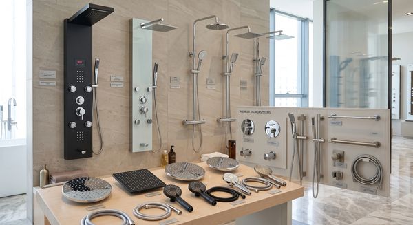 Modern shower panels and fixtures display in a showroom.