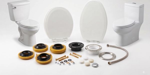Two toilets with installation parts laid out.