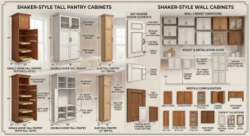 Diagram showing shaker-style pantry and wall cabinets with dimensions and options.