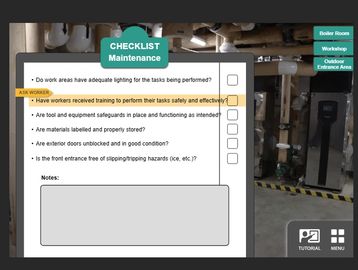 Checklist for maintenance safety in an industrial workspace with a checklist overlay.