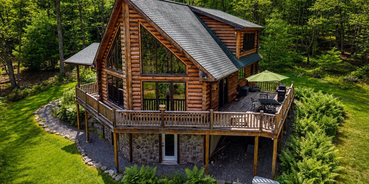 Cozy log cabin surrounded by lush greenery with a spacious wooden deck.