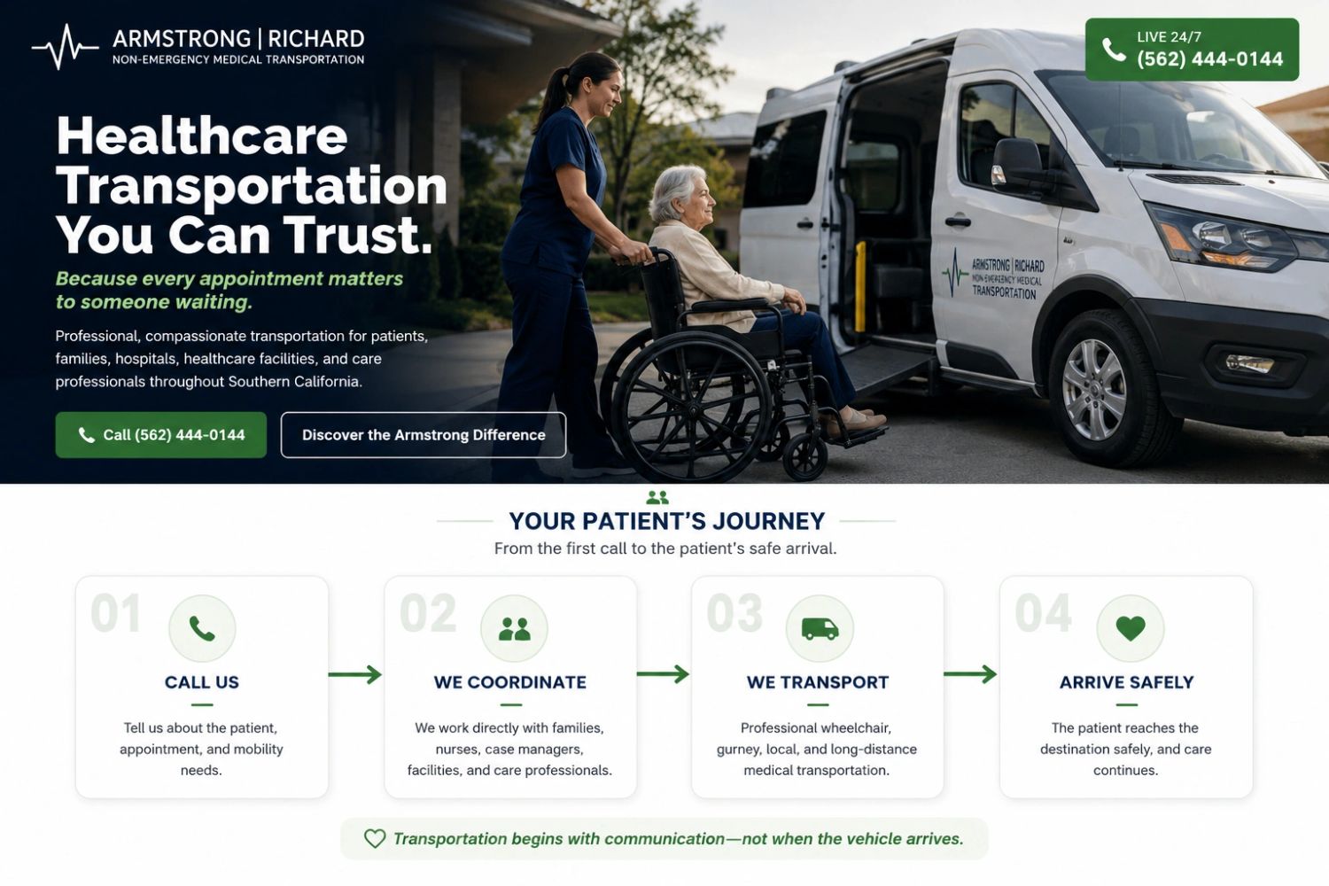 Healthcare transportation service assisting a patient in a wheelchair.