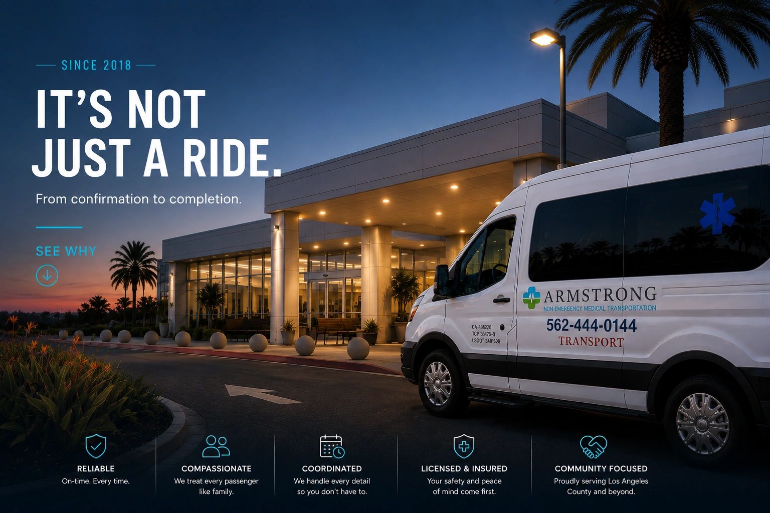 Armstrong non-emergency medical transport van outside a building at dusk.