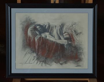 Mixed media drawing of a figure on paper.  Charcoal, pencil, and red chalk.