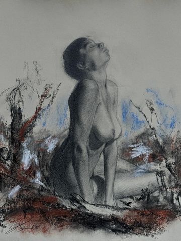 Drawing of a nude figure sitting on the ground.