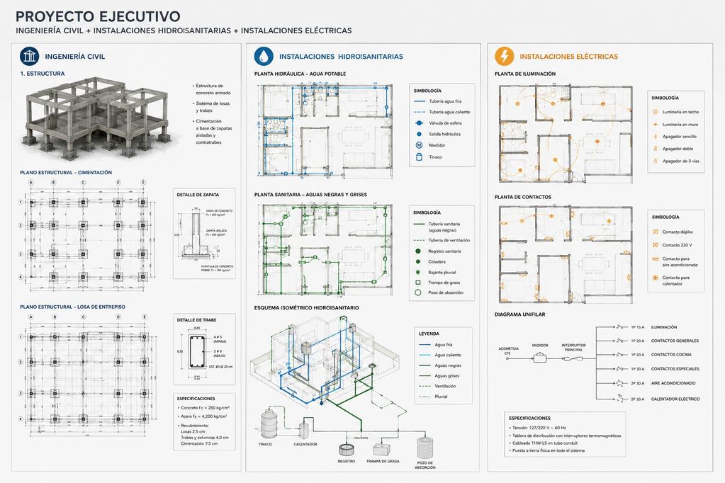 Planos técnicos de ingeniería civil, instalaciones hidro-sanitarias y eléctricas para un proyecto ejecutivo.