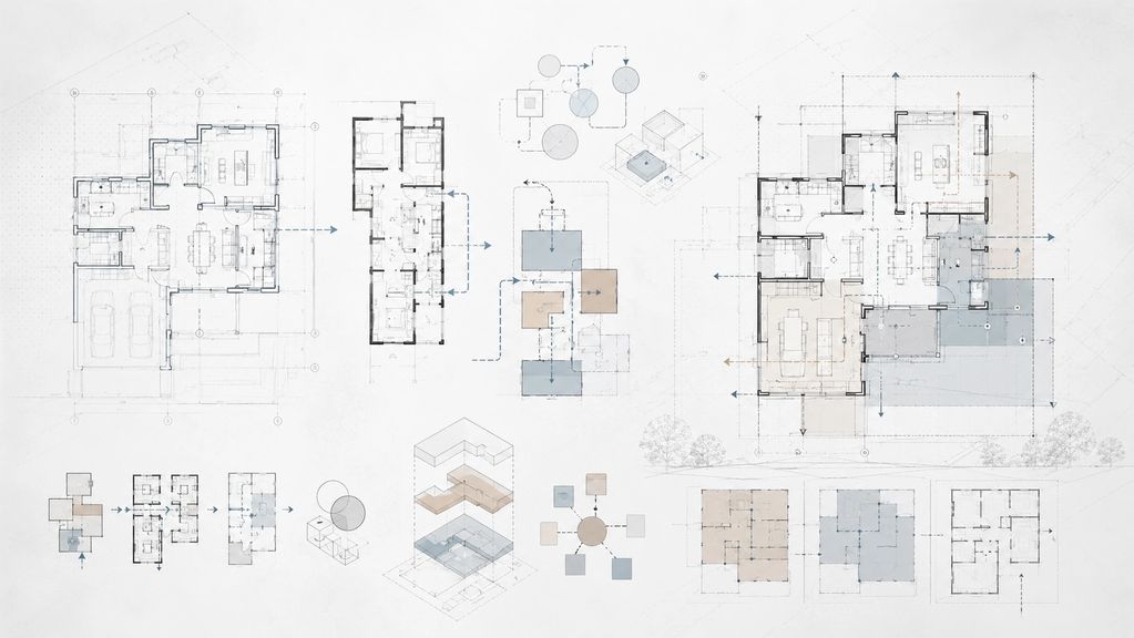 Collage de planos y diagramas que muestra el análisis funcional de un proyecto arquitectónico.