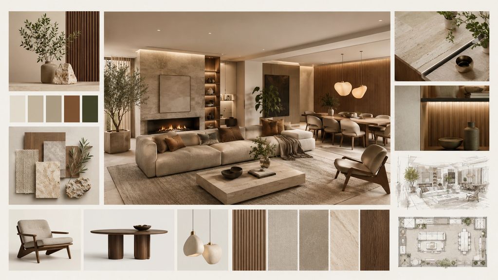 Modern neutral-toned living room and dining area with natural textures and wood accents.