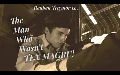 Vintage noir-style image with text about Reuben Traynor.