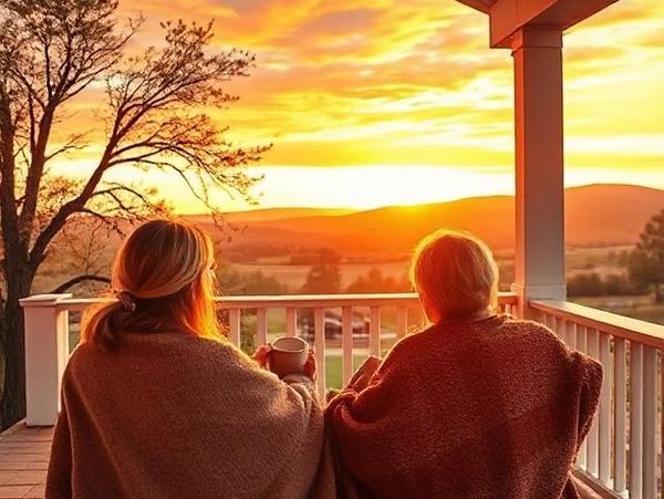 Two people wrapped in blankets enjoying a vibrant sunset on a porch.
