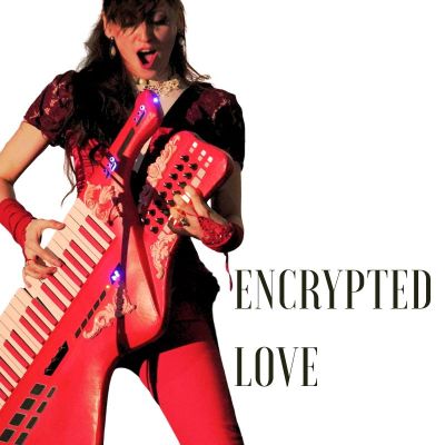 Woman joyfully playing a red keytar with the text 'Encrypted Love'.