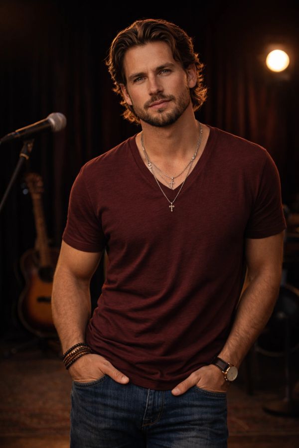 Man in maroon t-shirt with necklaces and bracelets in a music setting.
