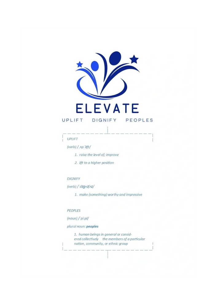 Logo of Elevate with definitions of uplift, dignify, and peoples.