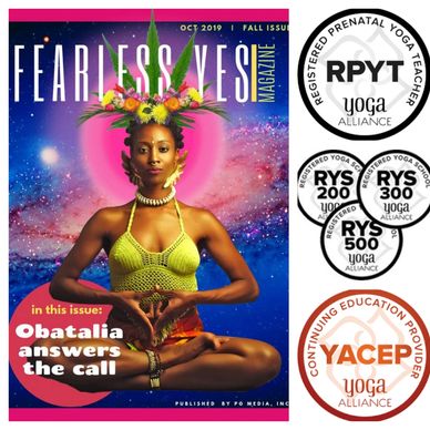 Fearless Yes! Magazine October 2019 cover featuring a woman in yoga pose with certification logos.