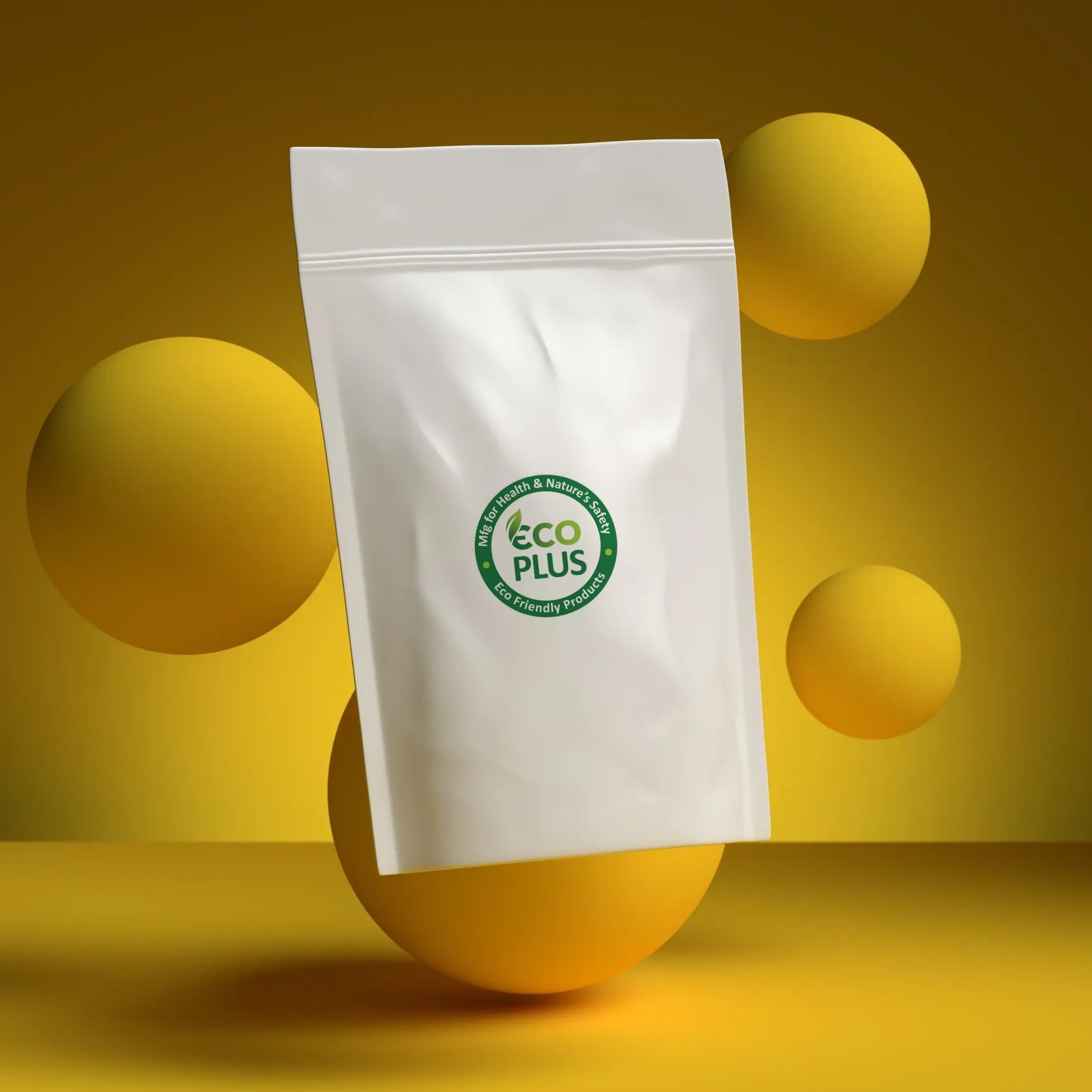 White resealable pouch with yellow spheres on a yellow background.