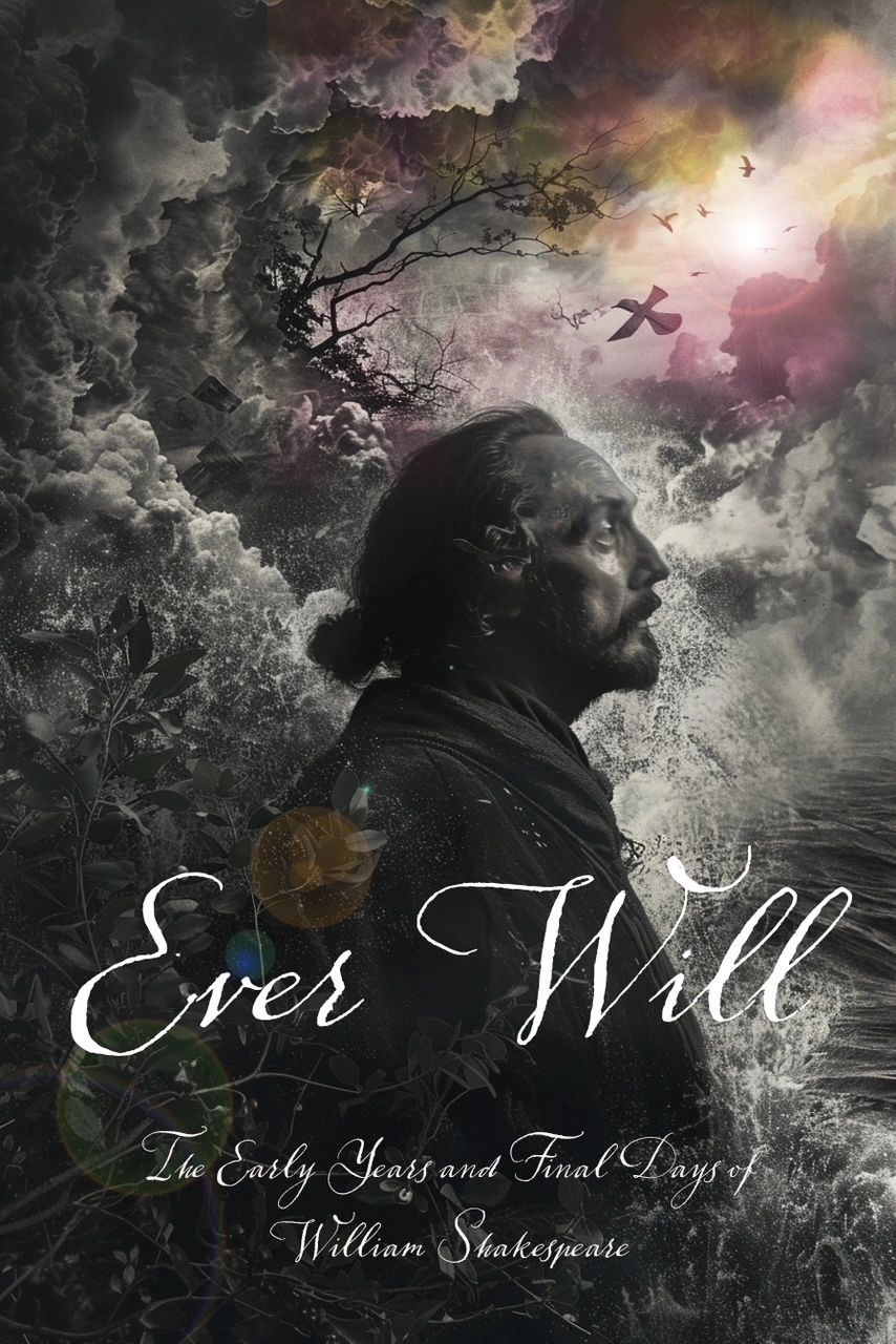 Surreal portrait of William Shakespeare amidst stormy clouds and birds, titled 'Ever Will.'