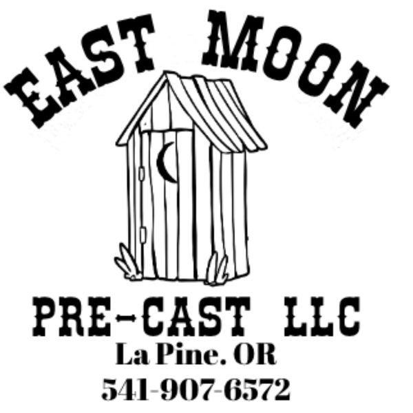 Logo featuring an outhouse and company details for East Moon Pre-Cast LLC.