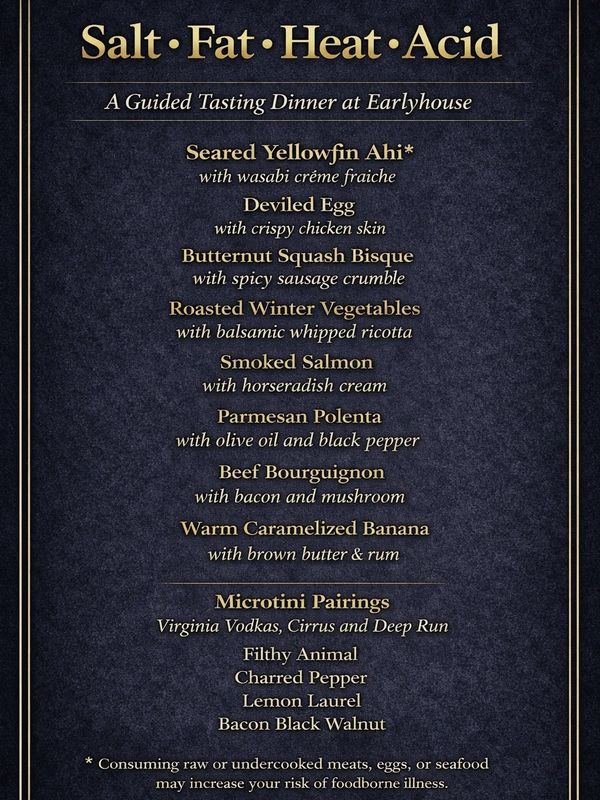 Menu for a guided tasting dinner featuring salt, fat, heat, and acid elements.